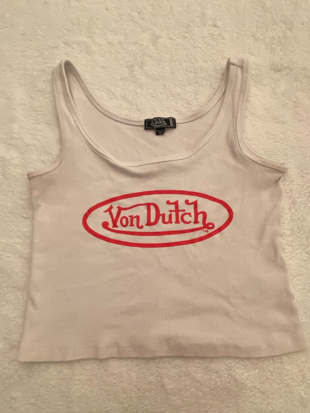 Von Dutch White Ribbed Tank with Black Logo Tag